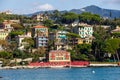 Buildings on the Ligurian coast. Houses overlooking the sea, hotels and bathing establishments for the summer in Italy