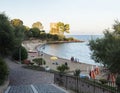Santa Maria Navarrese, Sardinia, Italy, September 6, 2020: view of Spiaggia di Santa Maria Navarrese beach with group of Royalty Free Stock Photo