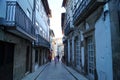 The Santa Maria Street, facades of the old buildings in the historic center of Guimaraes, Portugal