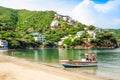 SANTA MARTA, COLOMBIA - OCTOBER 10, 2017: Beautiful outdoor view of a boat in the water in a caribean beach. Taganga