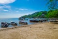 SANTA MARTA, COLOMBIA - OCTOBER 10, 2017: Beautiful outdoor view of many boats in the water in a caribean beach. Taganga