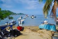 SANTA MARTA, COLOMBIA - OCTOBER 10, 2017: Beautiful outdoor view of many boats in the water in a caribean beach. Taganga