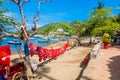 SANTA MARTA, COLOMBIA - OCTOBER 10, 2017: Beautiful outdoor view of many lifesavers in the sun, in a caribean beach Royalty Free Stock Photo