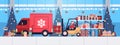 Santa in mask forklift truck loading colorful gifts in lorry truck merry christmas happy new year express delivery