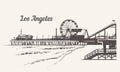 Santa Monica beach with an amusement park sketch. Los Angeles hand drawn vintage vector illustration