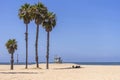Couple rests in palm tree shadow, Santa Monica, CA, USA