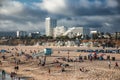 Santa Monica, CA, USA - Sep 17, 2023: Santa Monica Beach filled with beachgoers at sunset - view from the pier Royalty Free Stock Photo