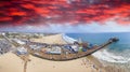 Santa Monica Pier aerial panoramic view at sunset, California Royalty Free Stock Photo