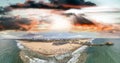 Santa Monica Pier and Beach, CA. Sunset panoramic aerial view Royalty Free Stock Photo