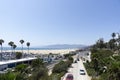 Santa Monica, USA - 10 August 2021: Scenery of Santa Monica. Beach, mountains and highway along trees