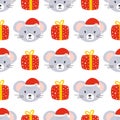 Santa mouse and gift seamless background.