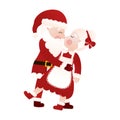 Santa and Mrs Claus dancing together and kissing in cartoon style on white background, clip art for poster design Royalty Free Stock Photo