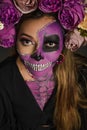 Santa Muerte, day of the dead character. Portrait of a woman with sugar skull makeup. Halloween make-up. Royalty Free Stock Photo