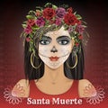 Santa Muerte woman with flowers wreath. Vector illustration