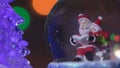 Santa near a beautiful, colourful, New Year`s fir-tree, sits in a glass sphere and prepares gifts for children for new year