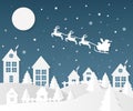 Santa on night sky in city town ,paper art. Winter background. Christmas season paper cut style. Vector illustration Royalty Free Stock Photo