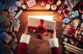 Santa opening a gift box Royalty Free Stock Photo