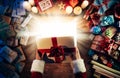 Santa opening a gift box Royalty Free Stock Photo