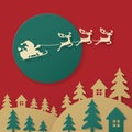 Santa paper cutting art with reindeers and cart is flying in the sky