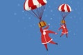 Santa Clauses with a gifts flying in hot air balloons