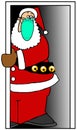 Santa peeking from a doorway and wearing a face mask