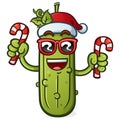 Santa Pickle Cartoon with Attitude holding Christmas Candy Canes and wearing a festive cap