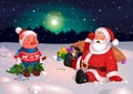 Santa and Piggy, Happy New Year of pig, postcard. Royalty Free Stock Photo