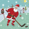 Santa playing ice hockey.Humorous illustrations.