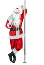 Santa is pole dancer, holds fan of dollars money, shows index finger. Full height Santa Claus dances with pole on white