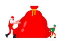 Santa pulls bag of gifts. Christmas vector illustration