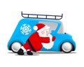 Santa pushing a blue mini car