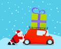 Santa pushing christmas car with gift