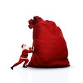 Santa pushing huge sack. Isolated on white. Royalty Free Stock Photo