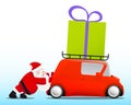 Santa pushing a red mini car with a gift box