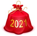 Santa red bag 2021 with gifts. Full knotted sack with Christmas and New Year present