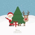 Santa and reindeer behind christmas tree snowy background