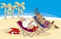 Santa and reindeer having a rest on the beach