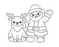 Santa with reindeer outline line art doodle cartoon illustration. Winter Christmas theme coloring book page activity for kids and Royalty Free Stock Photo