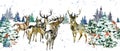 Santa Reindeers. watercolor winter forest animal. holidays background. Happy New Year banner