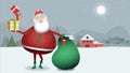 Santa Claus smiles at you in a Christmas landscape with the green sack full of gifts and some special ones for you.