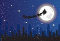 Santa Riding Reindeer Sledge Over Night City Silhouette Sleigh In Sky Christmas Concept