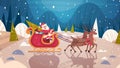 Santa Riding Sledge With Reindeers In Forest, Merry Christmas And Happy New Year Banner Winter Holidays Concept Royalty Free Stock Photo