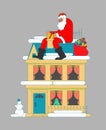 Santa on roof puts gift in chimney. Christmas and New Year. Xmas vector illustration