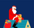 Santa on roof puts gift in chimney. Christmas and New Year. Xmas vector illustration