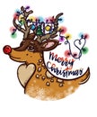 Santa's Christmas Deer with red nose is smiling looking at colourful lights and decoration and dreaming about holidays