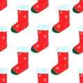 Santa`s Christmas socks on a white background. Seamless pattern. Red and green socks with snowflakes. Festive watercolor Royalty Free Stock Photo