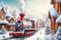 Santa\'s Christmas toy train in the fairyland of gingerbread houses. Christmas holiday concept