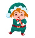 Santa\'s elf helper is holding a Christmas candy. Vector illustration in cartoon style, isolated on white background Royalty Free Stock Photo