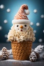 A whimsical ice cream cone designed as Santa Claus with a snowy beard, cherry nose, and sugar-dusted hat against a festive backdro