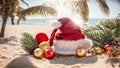 Santa\'s hat, sea beach, Christmas balls card festive blue vacation holiday